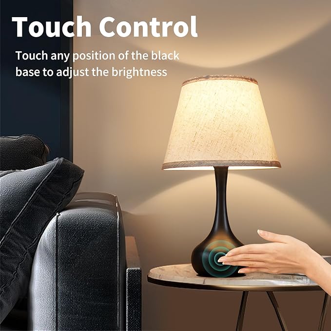 ONEWISH Touch Bedside Lamp for Bedroom, 3-Way Dimmable Farmhouse Table Lamps for Nightstand with Fabric Shade, Desk Lamp for Kids Reading, Home Office