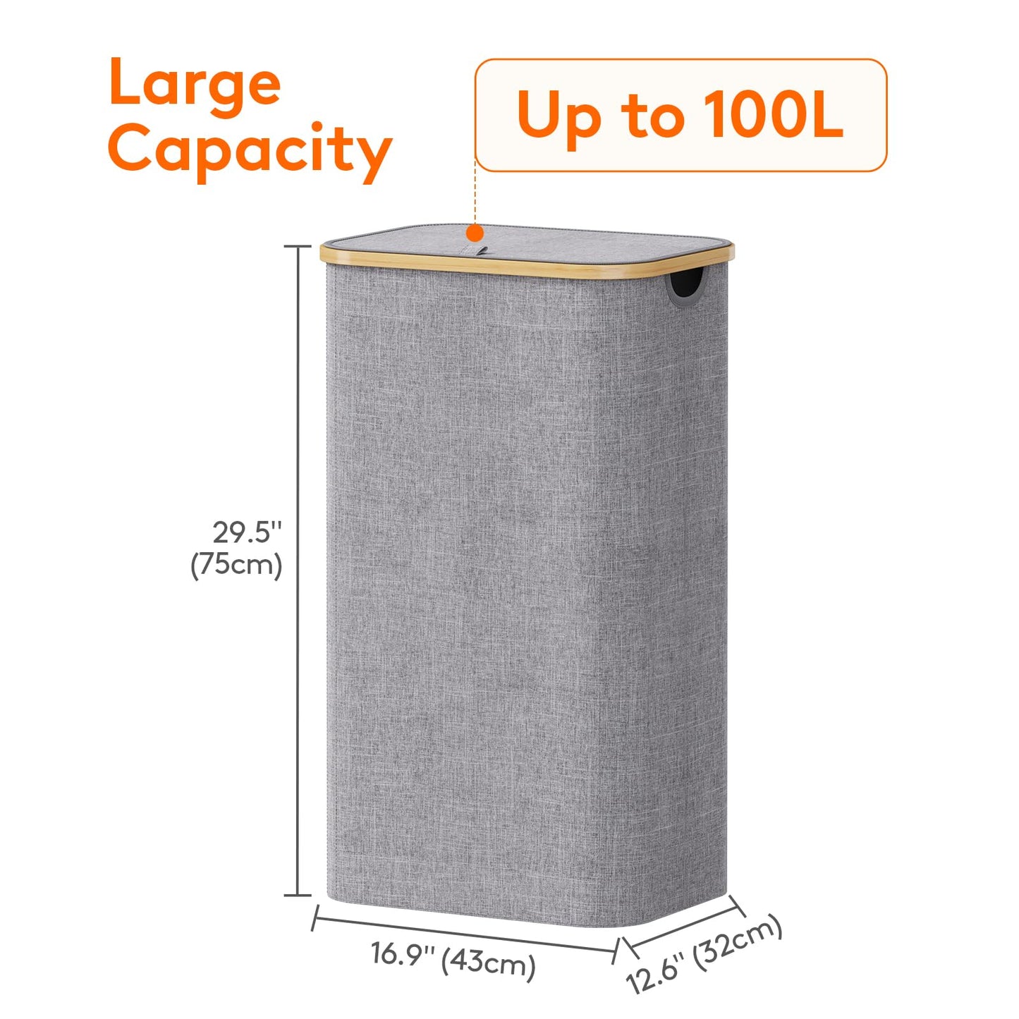 Lifewit 100L Laundry Basket with Lid, Clothes Hampers for Laundry with Bamboo Handles and 1 Removable Bag, Large Foldable Laundry Hamper for Bedroom, Bathroom, Dorm, Laundry Room, Light Gray