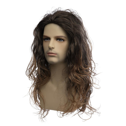 Baruisi Long Curly Wavy Brown Wigs for Men Synthetic Natural Party Halloween Cosplay Hair Wig