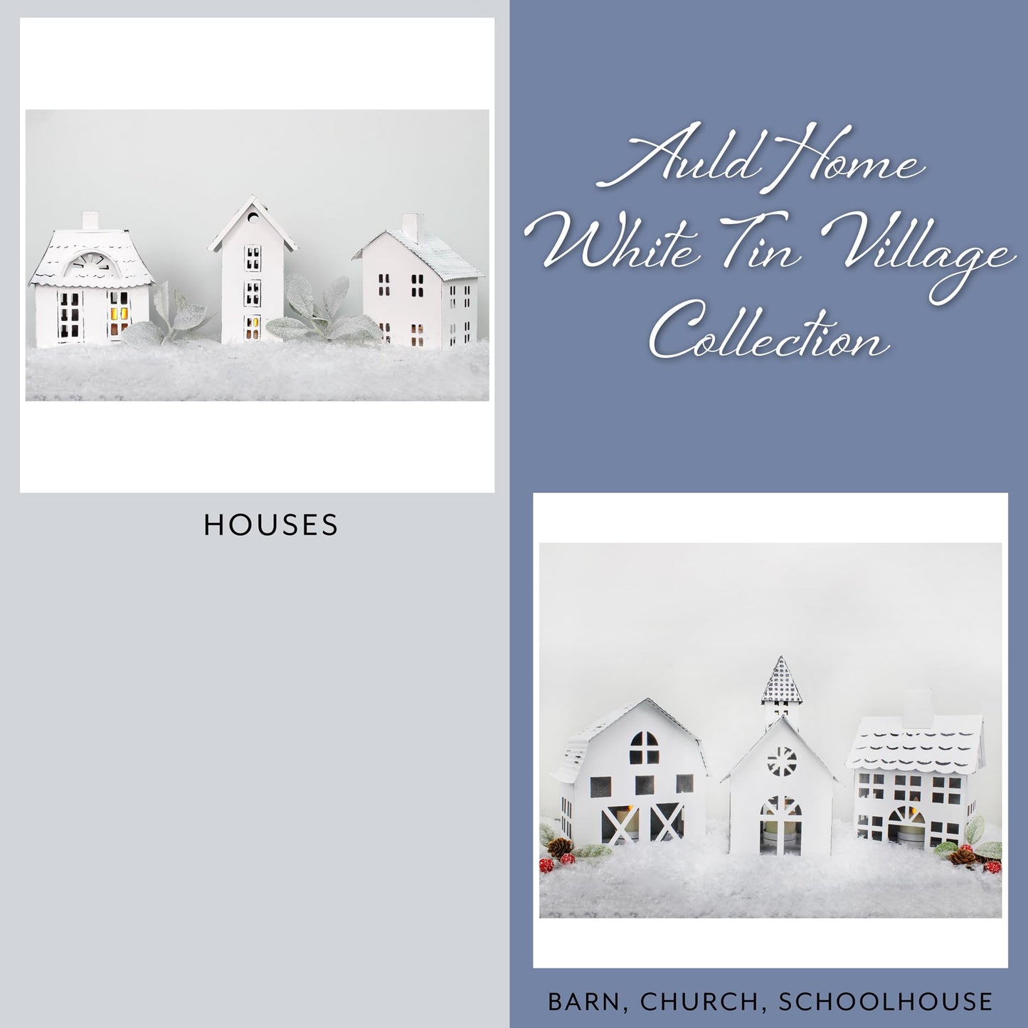AuldHome Design Farmhouse Christmas Village Collection #2 w/Church, Barn and School (Set of 3, White); Candle Lantern Decorative Christmas Town Display