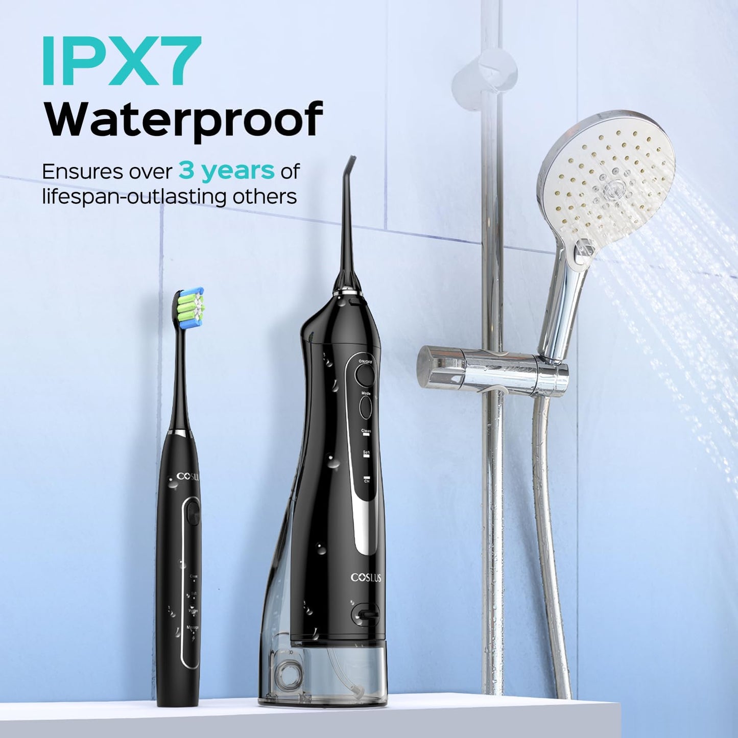 COSLUS Portable Water Flosser with Electric Toothbrush Combo: 2-in-1 Oral Clean Kit for Teeth, Braces, Gums Care - Brushing & Flossing for Adults, Family, Travel Use, BPA-Free, Black, C20 & C41