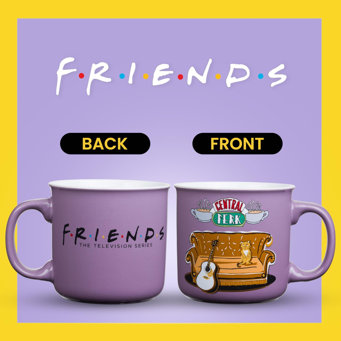 Silver Buffalo Friends Central Perk Smelly Cat, Iconic Orange Couch, Pheobe's Guitar Ceramic Camper Mug, 20 Ounces