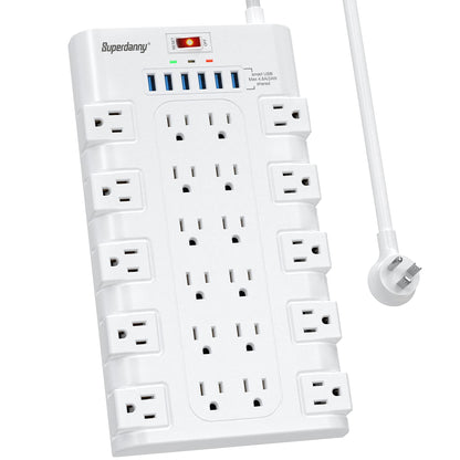 Power Strip, SUPERDANNY Surge Protector with 22 AC Outlets and 6 USB Charging Ports, 1875W/15A, 2100 Joules, 6.5Ft Flat Plug Heavy Duty Extension Cord for Home, Office, Dorm, Gaming Room, Black