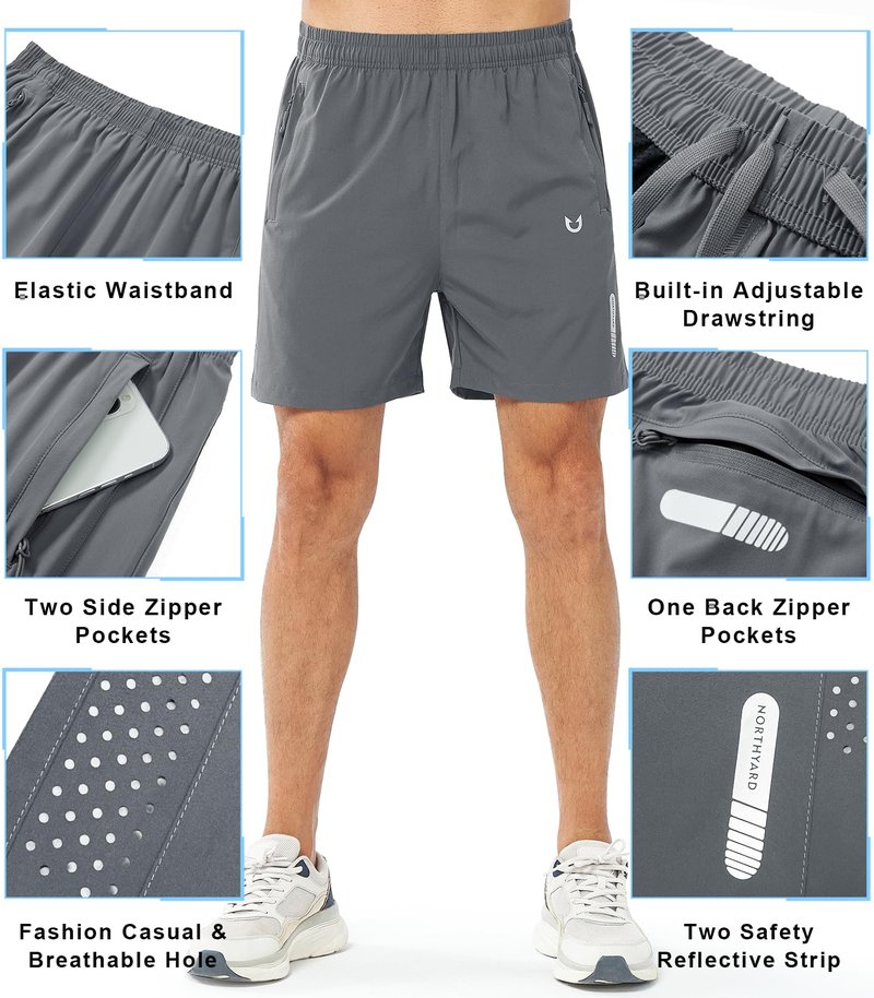 NORTHYARD Men's Athletic Running Shorts Gym Workout 7"/9"/5" Quick Dry Lightweight Sports Basketball Tennis 3 Zipper Pockets SMOKEGREY-5inch 3XL