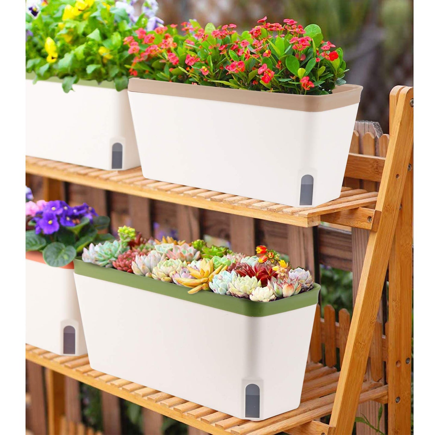 Fayavoo Self Watering Plant Pots, Set of 3 10.5 Inch Rectangular Windowsill Herb Planter Box, Modern Plastic Flower Pots for Indoor Outdoor Garden Office Patio, Planters with Drainage Hole Hidden Tray