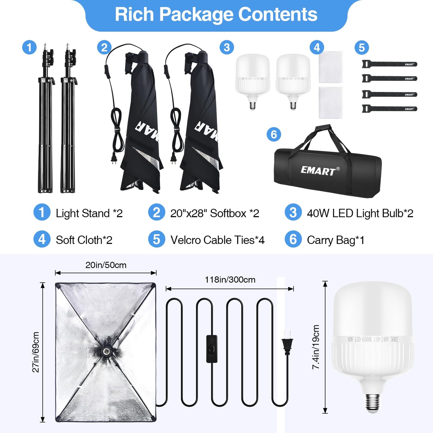 EMART Softbox Photography Lighting Kit, 20"x28" Professional Softbox Lighting Kit with 40W 6500K LED Bulbs, Studio Lights for Photography, Video Recording, Live Streaming, Portraits Shooting, Podcast