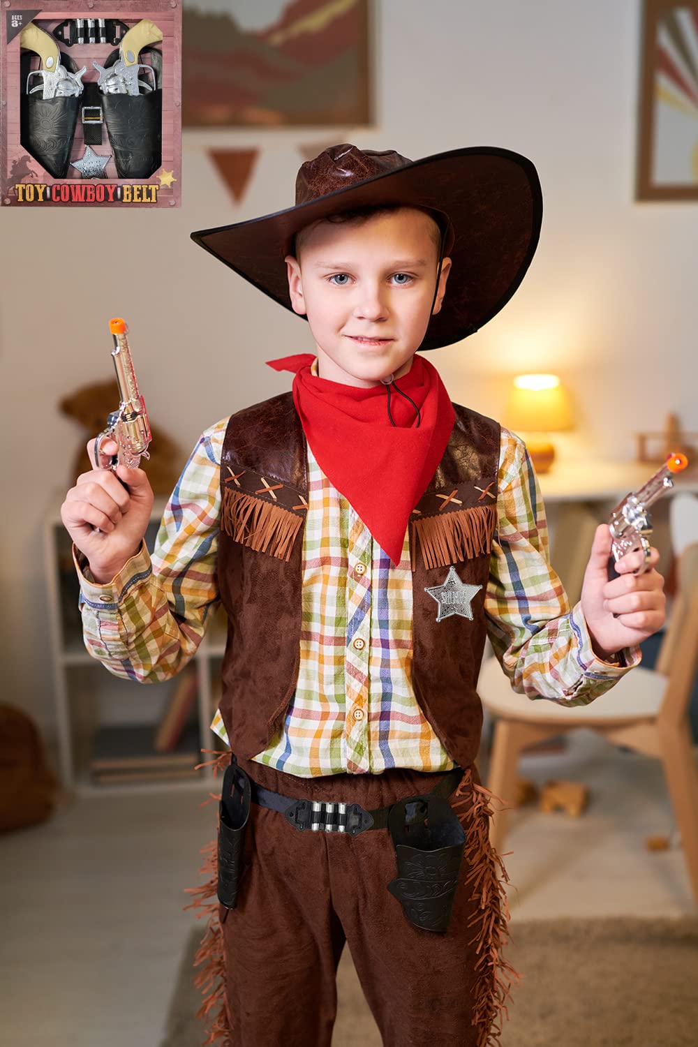 The Dreidel Company Kids Cowboy Toy Gun Holster & Belt 9 Piece Set. 2 Toy Pistols, 1 Sheriff Badge, 2 Gun Holsters & 3 Play Bullets, 1 Old Western Action Belt for Sheriff - Adjustable for Halloween
