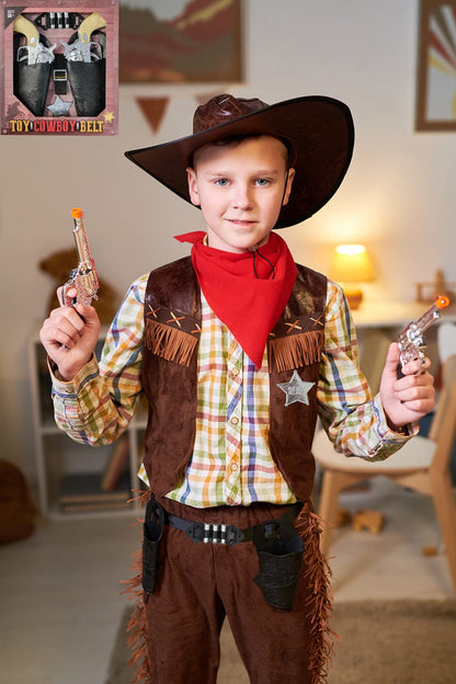 The Dreidel Company Kids Cowboy Toy Gun Holster & Belt 9 Piece Set. 2 Toy Pistols, 1 Sheriff Badge, 2 Gun Holsters & 3 Play Bullets, 1 Old Western Action Belt for Sheriff - Adjustable for Halloween