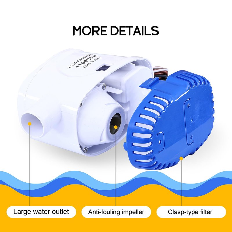 1100GPH Automatic Bilge Pump for Boats 12V Submersible Water Pump with Float Switch 1-1/8" Outlet