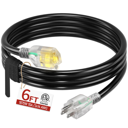 6 FT 14/3 Extension Cord Outdoor, Heavy Duty Weatherproof & Flame Retardant Black 3 Prong Power Cord with Light, Outside for Lawn & Garden, 15 Amps 1875 Watts 125 VAC 14AWG SJTW, ETL Listed