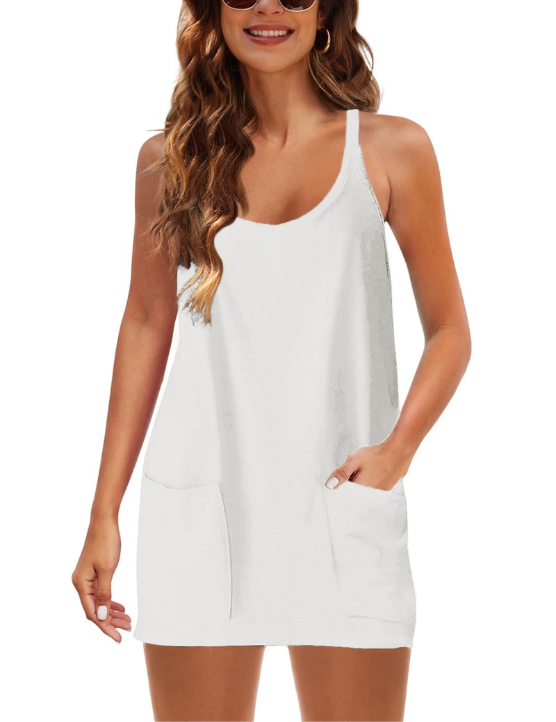 Lentta Womens Athletic Sleeveless Mini Dress with Built-in Shorts V Neck Sundress(White-XXL)
