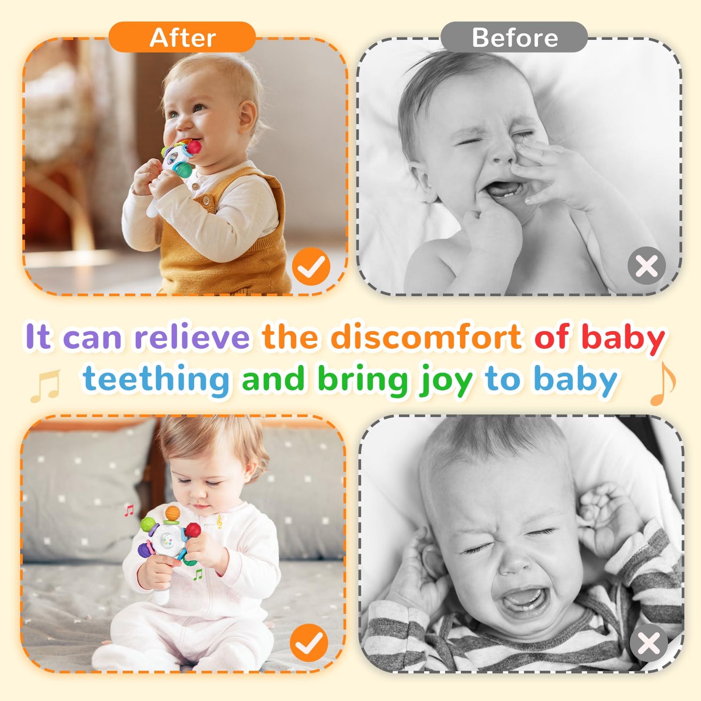 Food Quality Baby Rattle - Teething Ring - BPA - Free,Suitable for Choking - Design,Grip strengthening,Suitable for Hearing Development and Teeth Development,Ideal for Babies Aged 0-36 Months (White)