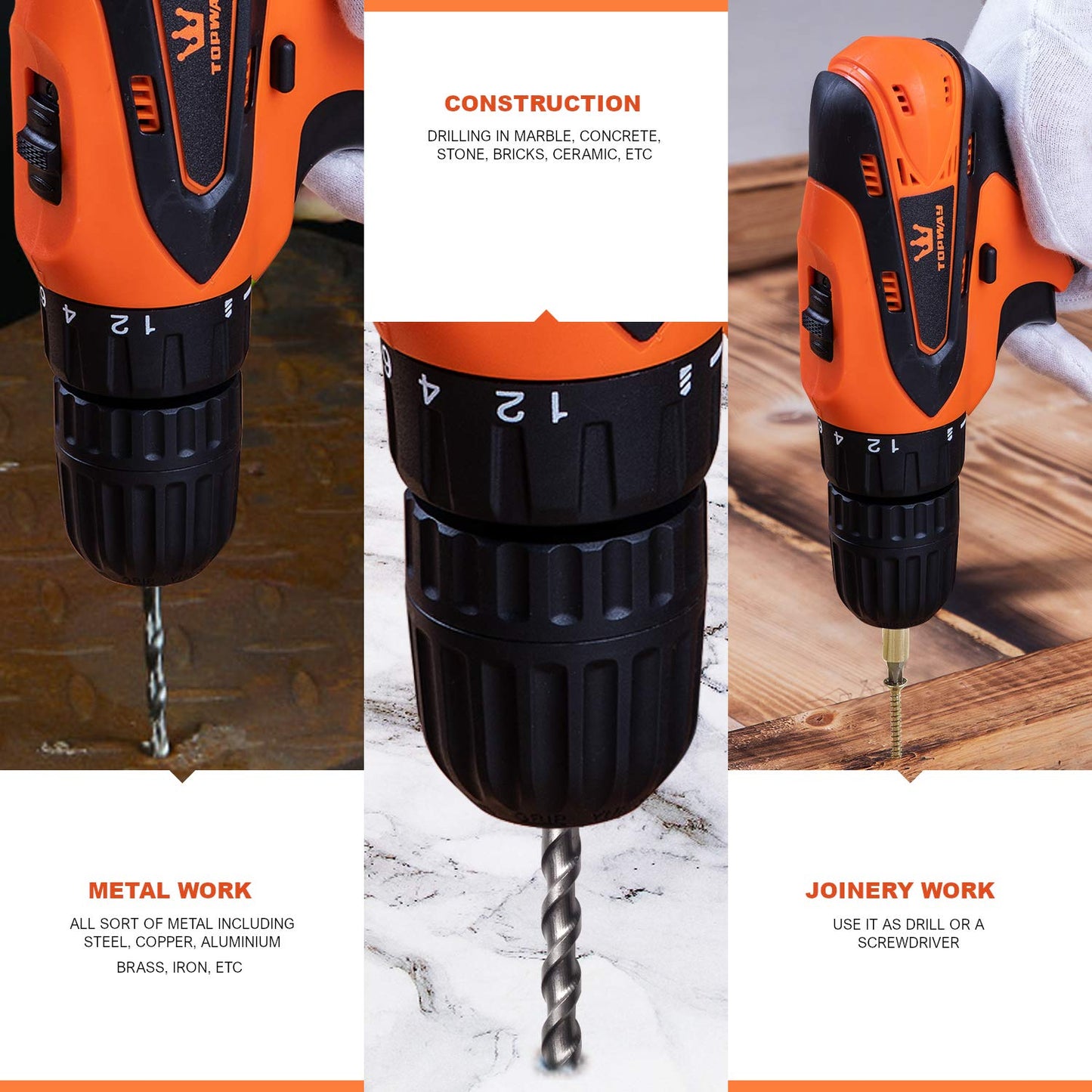 TOPWAY Cordless Drill Driver 12V, Battery Powered Screwdriver with 10mm Keyless Chuck, 2 Speed, LED Light and 1X Battery Included, Ideal for Home DIY Project 102000