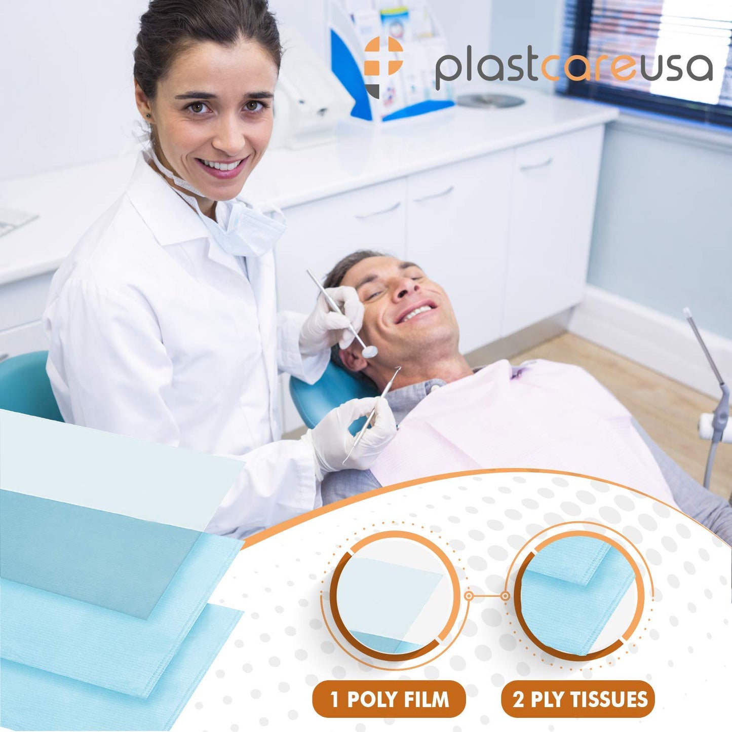 Disposable Dental Bibs 13"x18" (125 Pack) - 3 Ply Waterproof Tattoo Bib Sheet for Patients - Dentist or Medical Tray Cover and Nail Table Cover Supplies, Blue