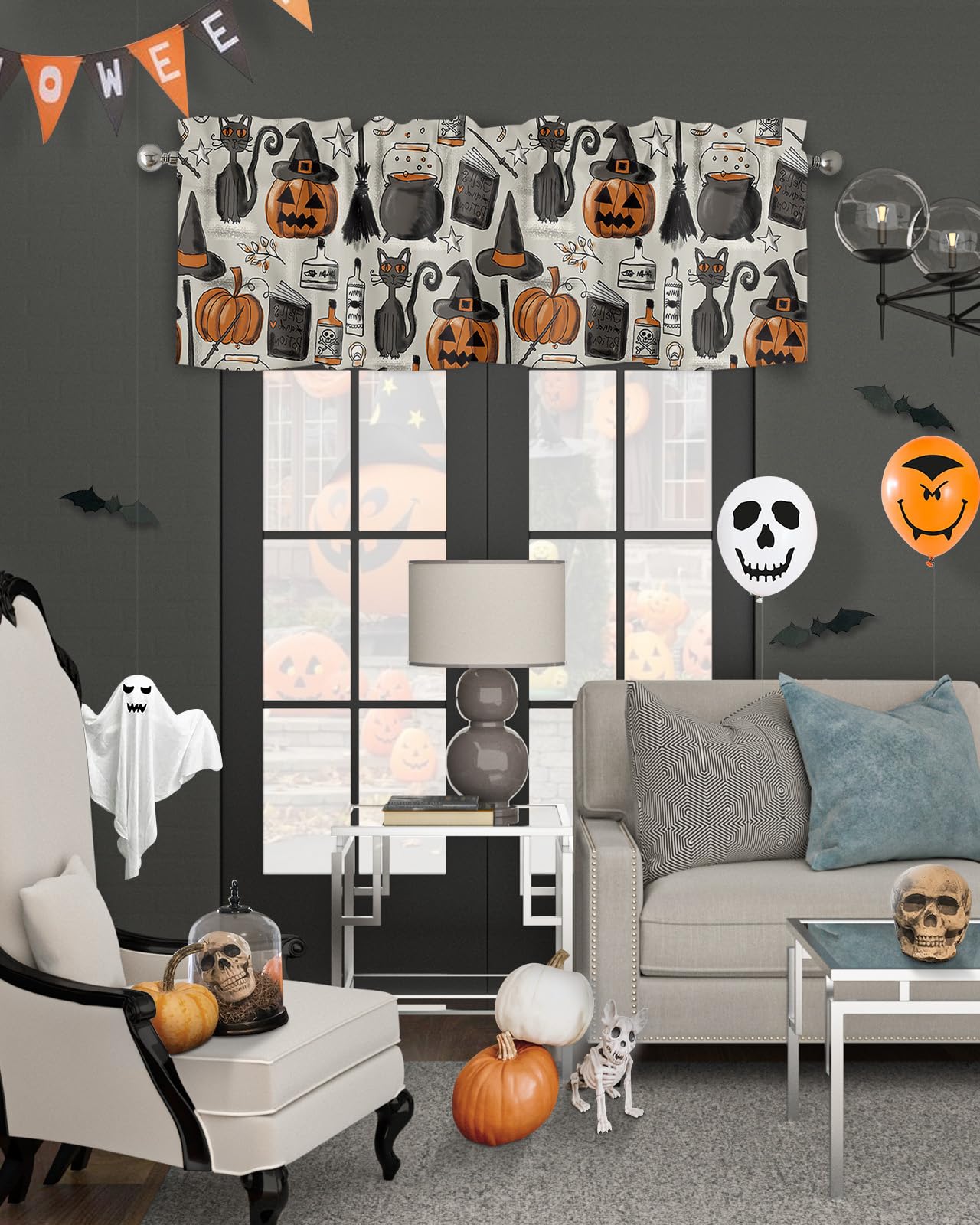 ALAGEO Halloween Valances Windows Curtain Pumpkin with Witch Hat Kitchen Valances Rod Pocket Black Cat Retro Style Short Topper Curtains for Kitchen Bathroom Living Room 1 Panel,54 by 18 inches