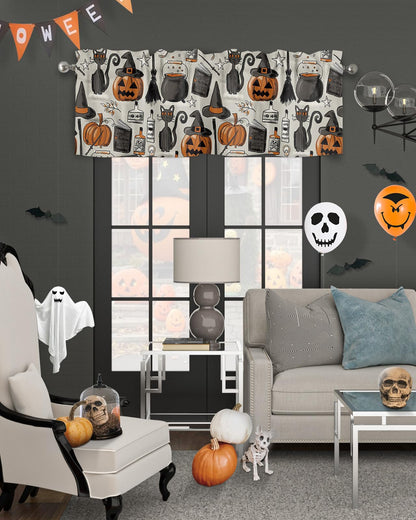 ALAGEO Halloween Valances Windows Curtain Pumpkin with Witch Hat Kitchen Valances Rod Pocket Black Cat Retro Style Short Topper Curtains for Kitchen Bathroom Living Room 1 Panel,54 by 18 inches