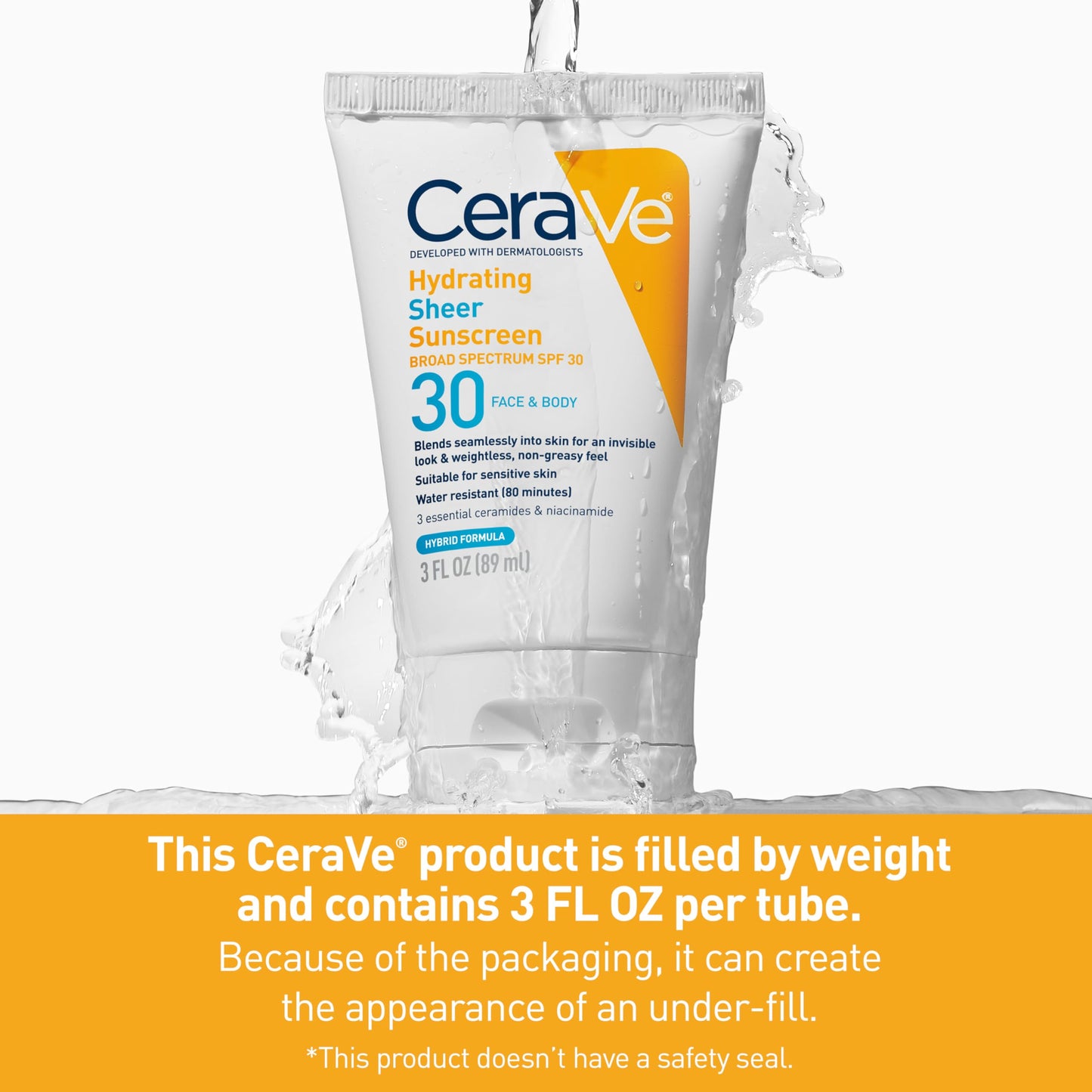 CeraVe Hydrating Sheer Sunscreen with SPF 30 for Face and Body, Mineral & Chemical Sunscreen for Men & Women with Zinc Oxide, Hyaluronic Acid and Ceramides, Paraben-Free + Fragrance-Free, 3 Ounces