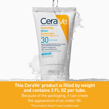 CeraVe Hydrating Sheer Sunscreen with SPF 30 for Face and Body, Mineral & Chemical Sunscreen for Men & Women with Zinc Oxide, Hyaluronic Acid and Ceramides, Paraben-Free + Fragrance-Free, 3 Ounces