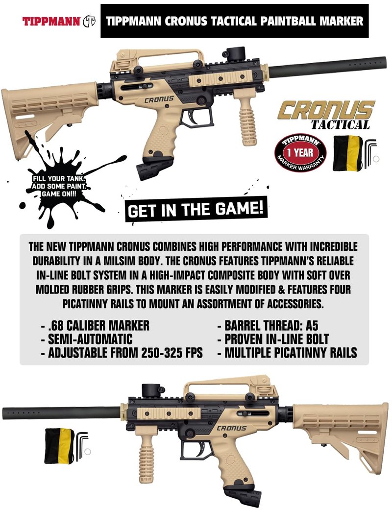 Maddog Tippmann Cronus Tactical Paintball Gun Marker and Bronze CO2 Accessory Starter Package | Comes with Marker, Anti-Fog Mask, Hopper, & 20oz CO2 Tank - Black/Tan