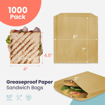Fit Meal Prep 1000 Pack Paper Sandwich Bags 7 x 6”, Greaseproof Snack Bags, Unbleached Pastry Bag, Recyclable Small Brown Paper Bags, Cookie Sleeves, Food Packing for Bakery, Donuts