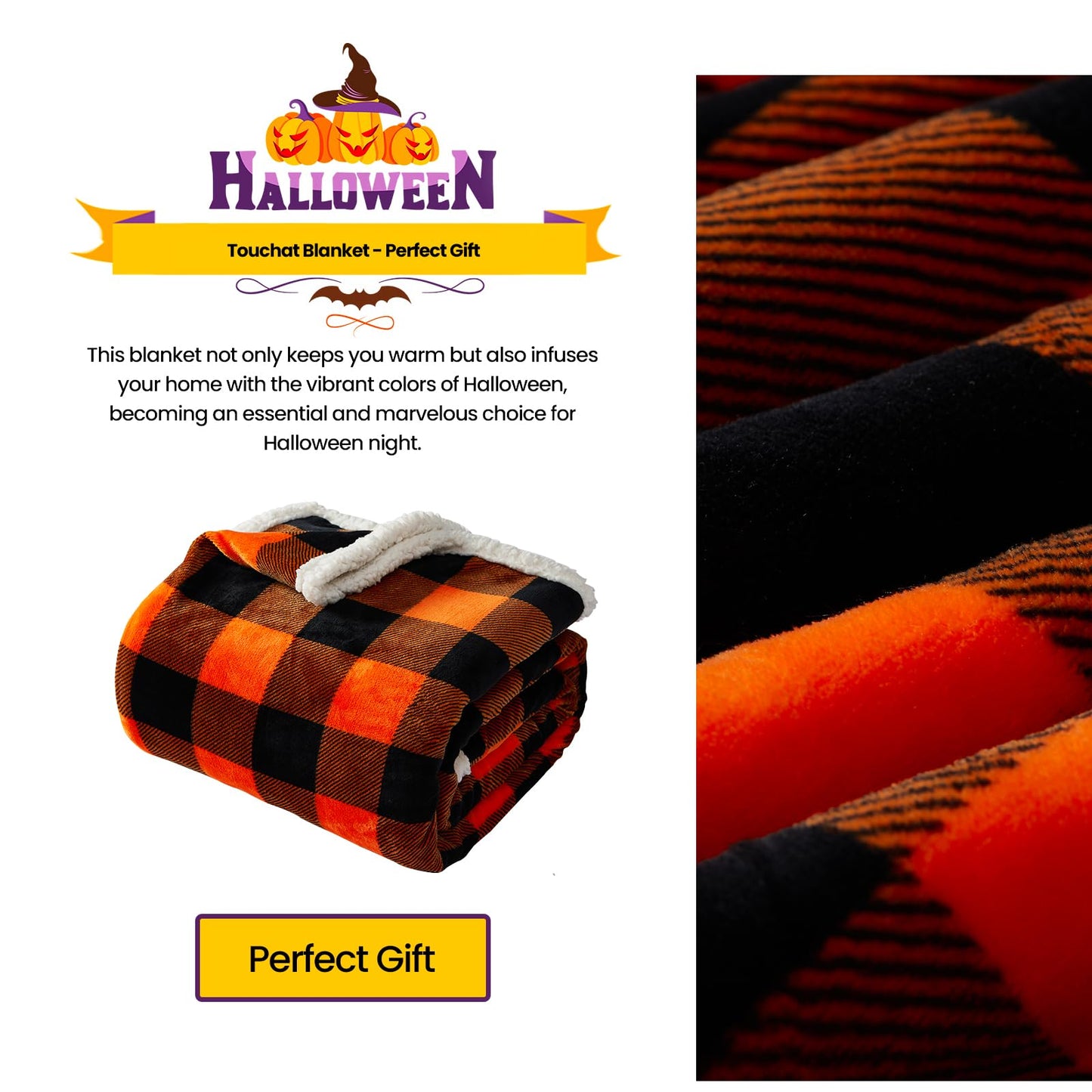 Touchat Halloween Blanket Twin Size 60" X 70"，Fall Autumn Harvest Sherpa Fuzzy Fluffy Soft Cozy Blankets, Fleece Flannel Plush Microfiber Throw for Couch Bed Sofa, Halloween Decor (Orange)