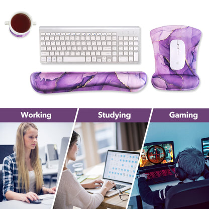 AIMSA Ergonomic Keyboard Wrist Rest and Mouse Pad with Wrist Support Set, Memory Foam Non-Slip Rubber Base, for Home, Office, Easy Typing, Pain Relief, Purple Marble