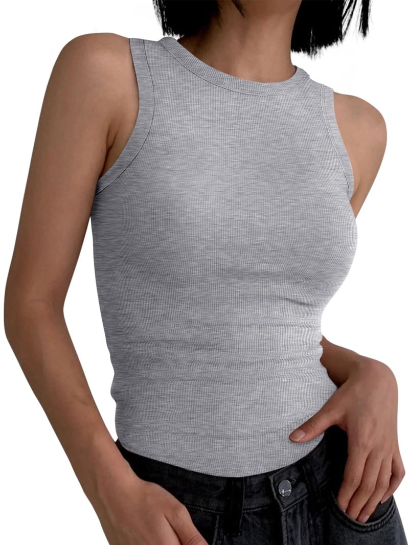 ANRABESS Womens Sleeveless High Neck Tank Tops Fashion Summer Casual Basic Slim Fit Ribbed Racerback Top Shirt Clothes Grey Large