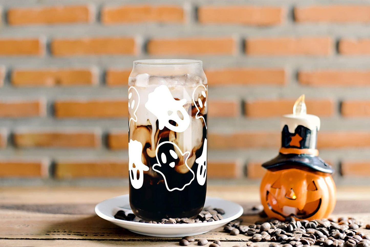 ANOTION Halloween Mugs - 18oz Halloween Ghost Decorations Glass Cups Tumbler for Iced Coffee, Glassware Cookie Jar Decor Gift Drinking Water Bottles