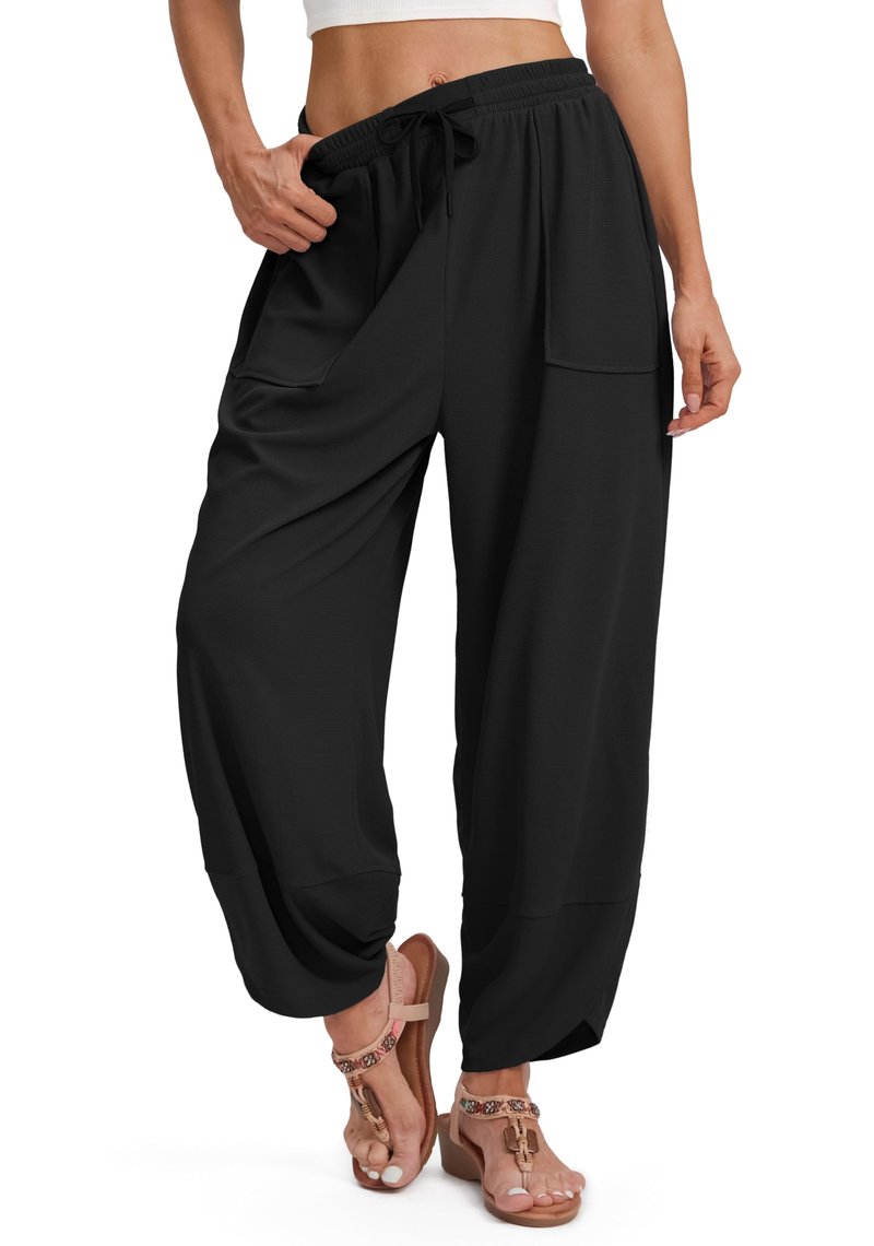 SANTINY Wide Leg Pants Woman Baggy Lightweight Waffle Knit Casual Drawstring Elastic Waisted Palazzo Harem Pants with Pockets (Black_XL)