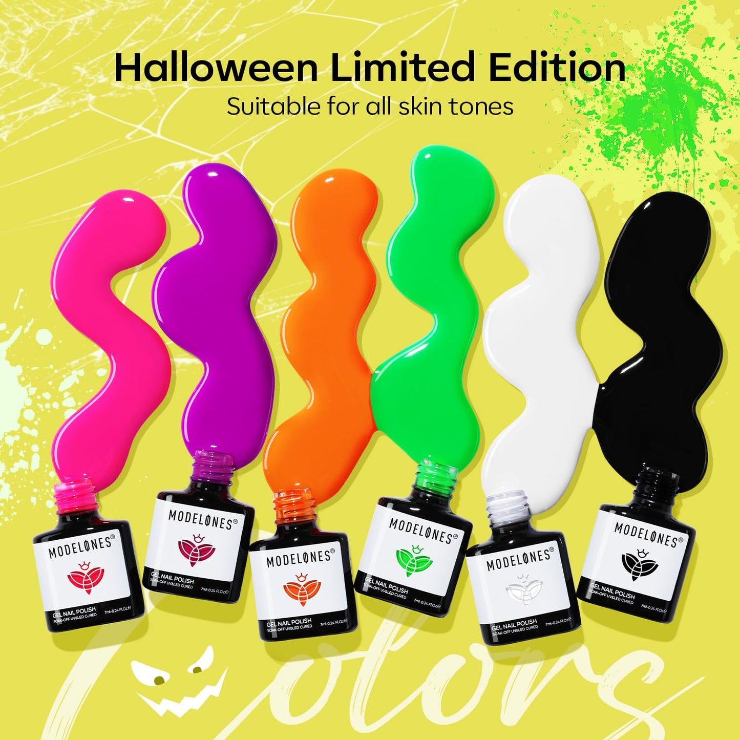 modelones Halloween Gel Nail Polish Set, 6 Colors Glow in the Dark Neon Orange Green Purple Pink White Black Gel Polish Set Fall Soak Off LED Nail Art Kit Gift with Nail Stikers
