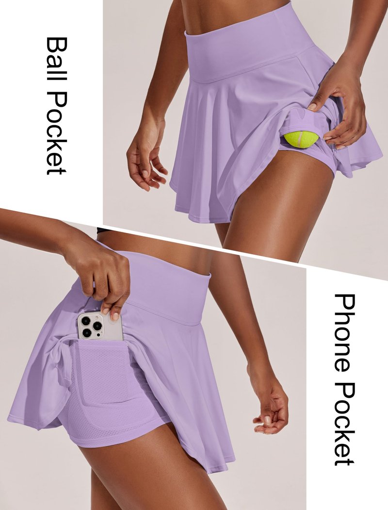 PINSPARK Women's Pleated Tennis Skorts with Shorts High Waisted Golf Skirt Tummy Control Yoga Skort Light Purple L