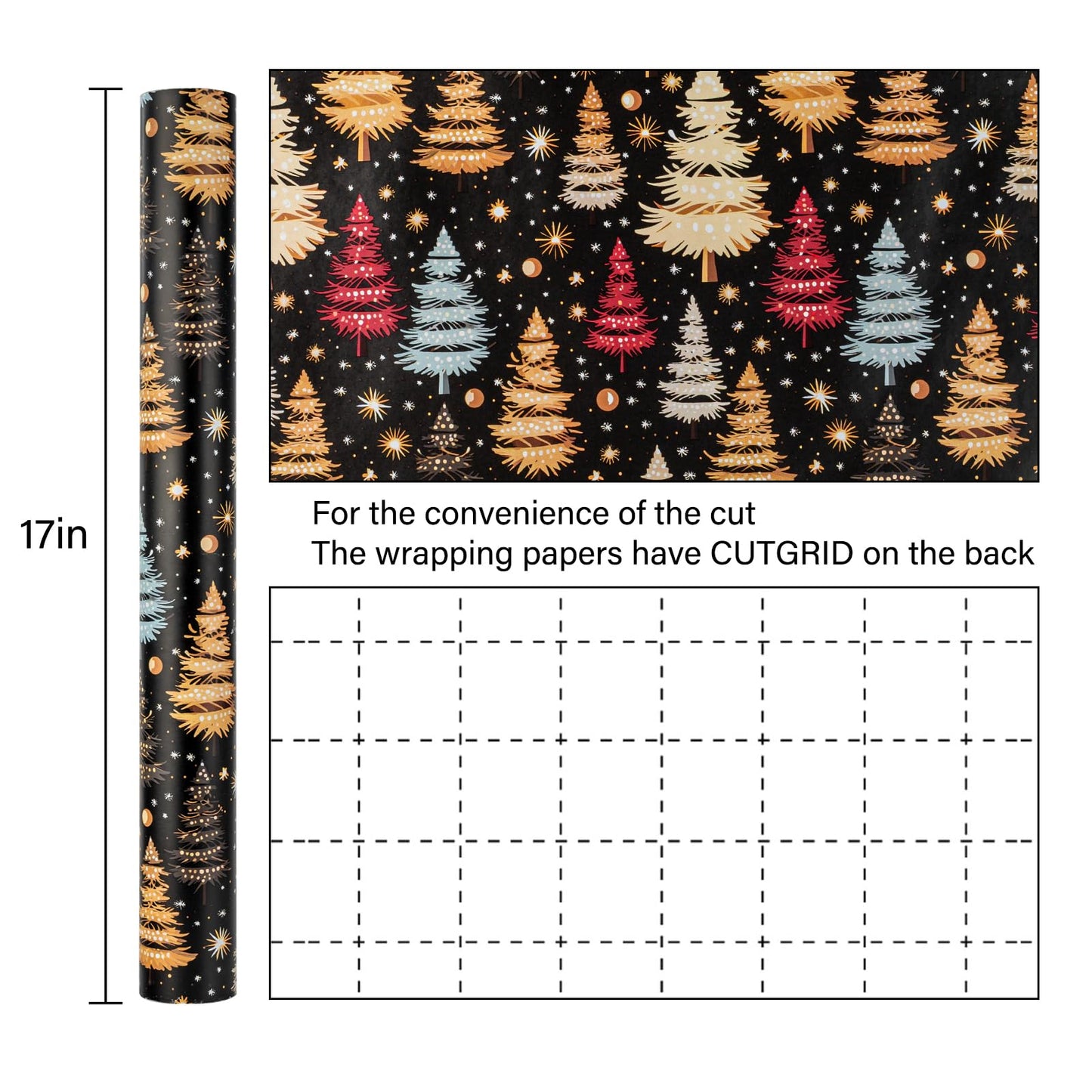 Garbendy Christmas Wrapping Paper Roll - 17 Inch X 32.8 Feet - Colorful Gold ChristmasTree Forests Design with Cut Lines on back for Christmas, Holiday, Party, Celebration