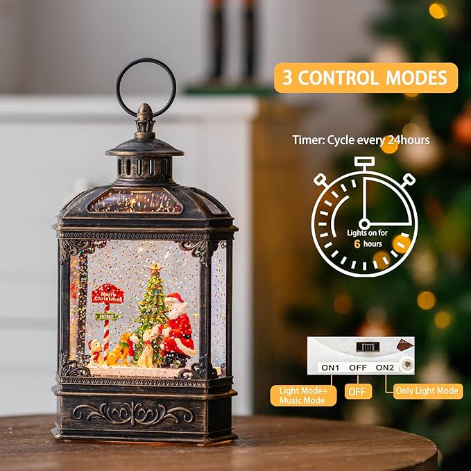 Christmas Snow Globe Lantern Water Glittering Santa Claus & Pups with Music & Timer, USB Lined/Battery Operated Lighted Lantern for Christmas Festival Decoration Gifts