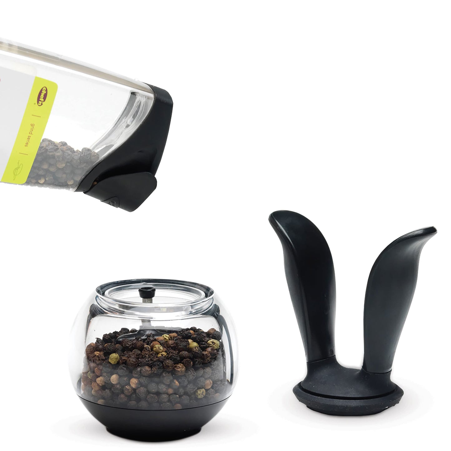 Chef'n PepperBall Pepper Grinder, One Handed Refillable Pepper Mill, Adjustable from Ultra-Fine to Coarse, 8 x 8 x 15 cm, Black