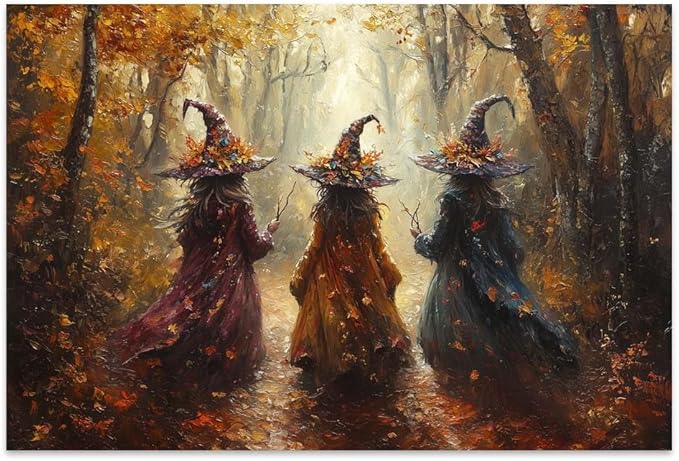 Yesad Three Witches in The Forest Canvas Wall Art, Halloween Décor Vintage Posters Pictures Décor Fall Wall Décor for Living Room Bedroom (Unframed,30”x20”,Three Witches)