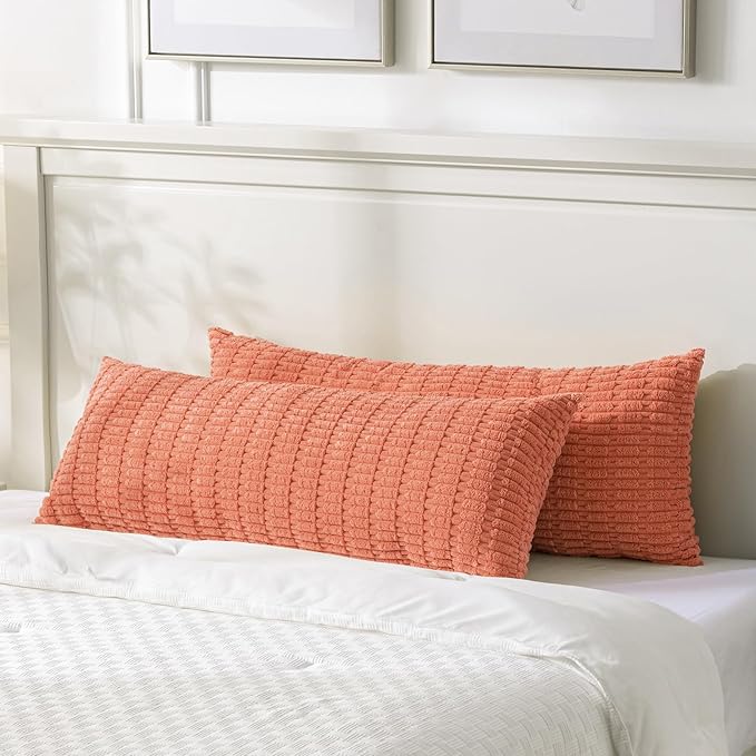 Fancy Homi Coral Long Body Lumbar Lumbar Decorative Throw Pillow Covers 14x36 Inch for Bed Couch Bedroom Bench, Soft Corduroy Rectangle Solid Pillow Case, Rustic Farmhouse Boho Room Decor
