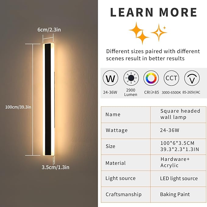 Mikeru 2Pack 39.3inch Outdoor Wall Light Fixtures, 3000/4500/6000K 3 Color Modern Black Linear Wall Lights Front Porch Light Wall Mounted Led Lighting for Basement, Shop,Garage Non-Dimmable