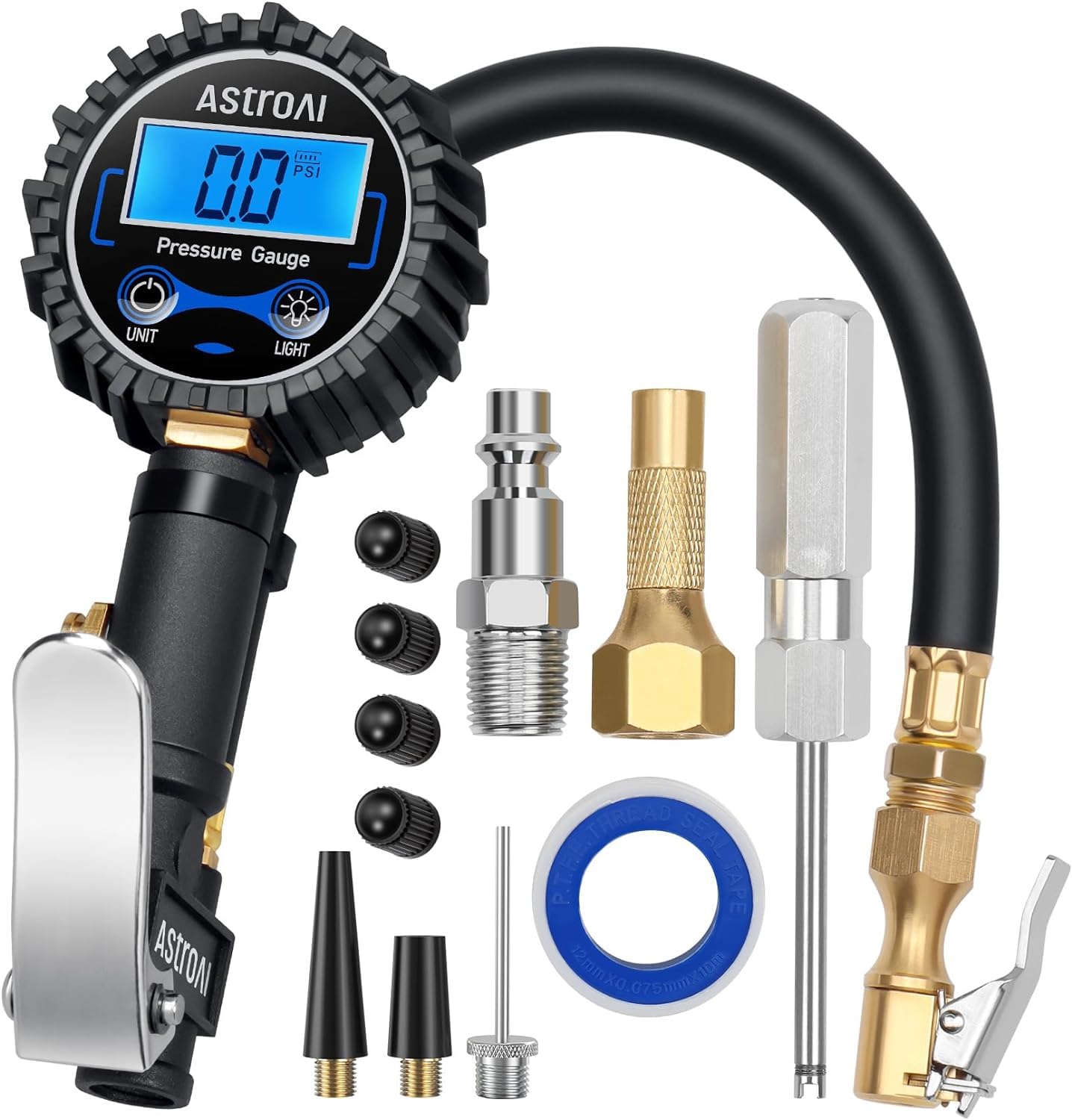 AstroAI Digital Tire Pressure Gauge with Inflator(3-250 PSI 0.1 for Display Resolution), Heavy Duty Air Chuck and Compressor Accessories with Rubber Hose and Quick Connect Coupler, Blue