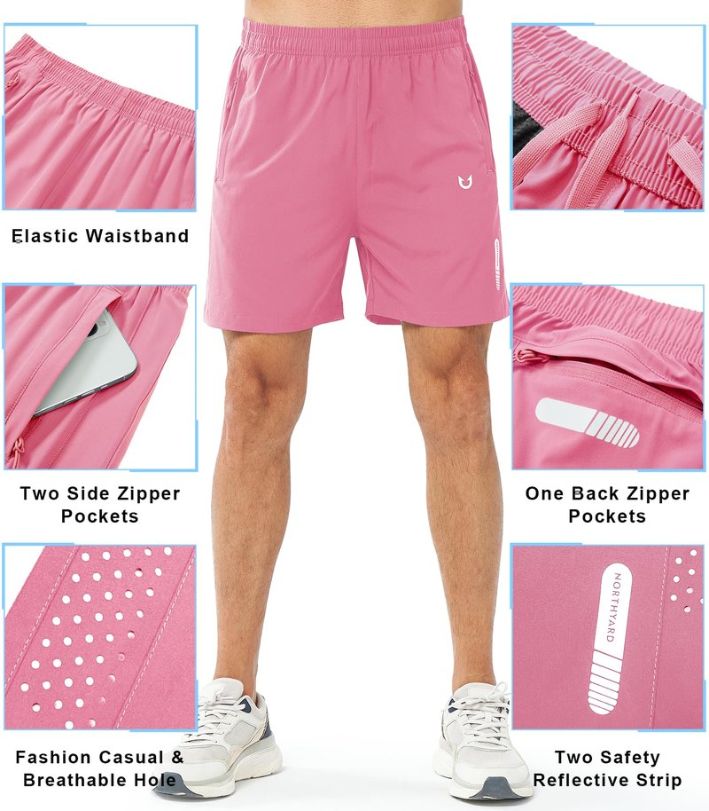 NORTHYARD Men's Athletic Running Shorts Gym Workout 7"/9"/5" Quick Dry Lightweight Sports Basketball Tennis 3 Zipper Pockets POWDERPINK-5inch 3XL