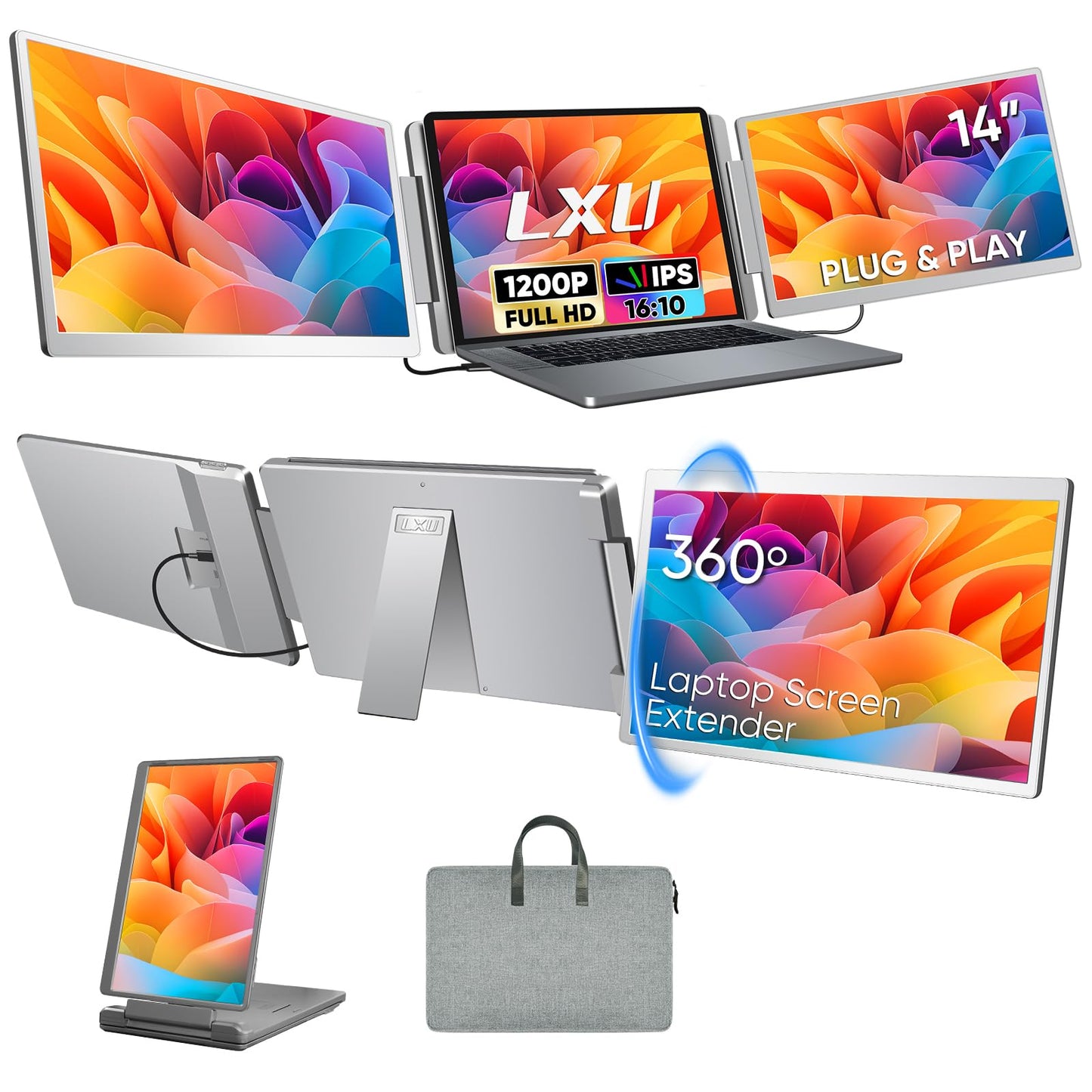 15.6" Laptop Screen Extender, FHD 1080P IPS Portable Monitor for Laptops 12~18.5 inch, Triple Screen Laptop Monitor Extender Display, Plug & Play with USB-C HDMI for Windows/MacBook/PS5/Switch/PS4