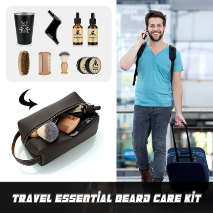 Beard Kit Gifts for Men, Father's Day Birthday Gifts for Men Dad Him, Grooming & Trimming Tool Complete Set, Beard Care Kit with 2 Beard Growth Oil/Balm/Brush/Comb/Shaving Soap/Cup&Storage Bag