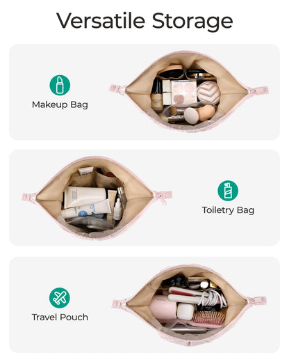 BAGSMART Makeup Bag Travel Toiletry Bag, Cute Make Up Bag, Large Capacity Cosmetic Bags for Women, Wide-open Makeup Pouch Travel Essentials Toiletries Accessories Brushes (Pink)