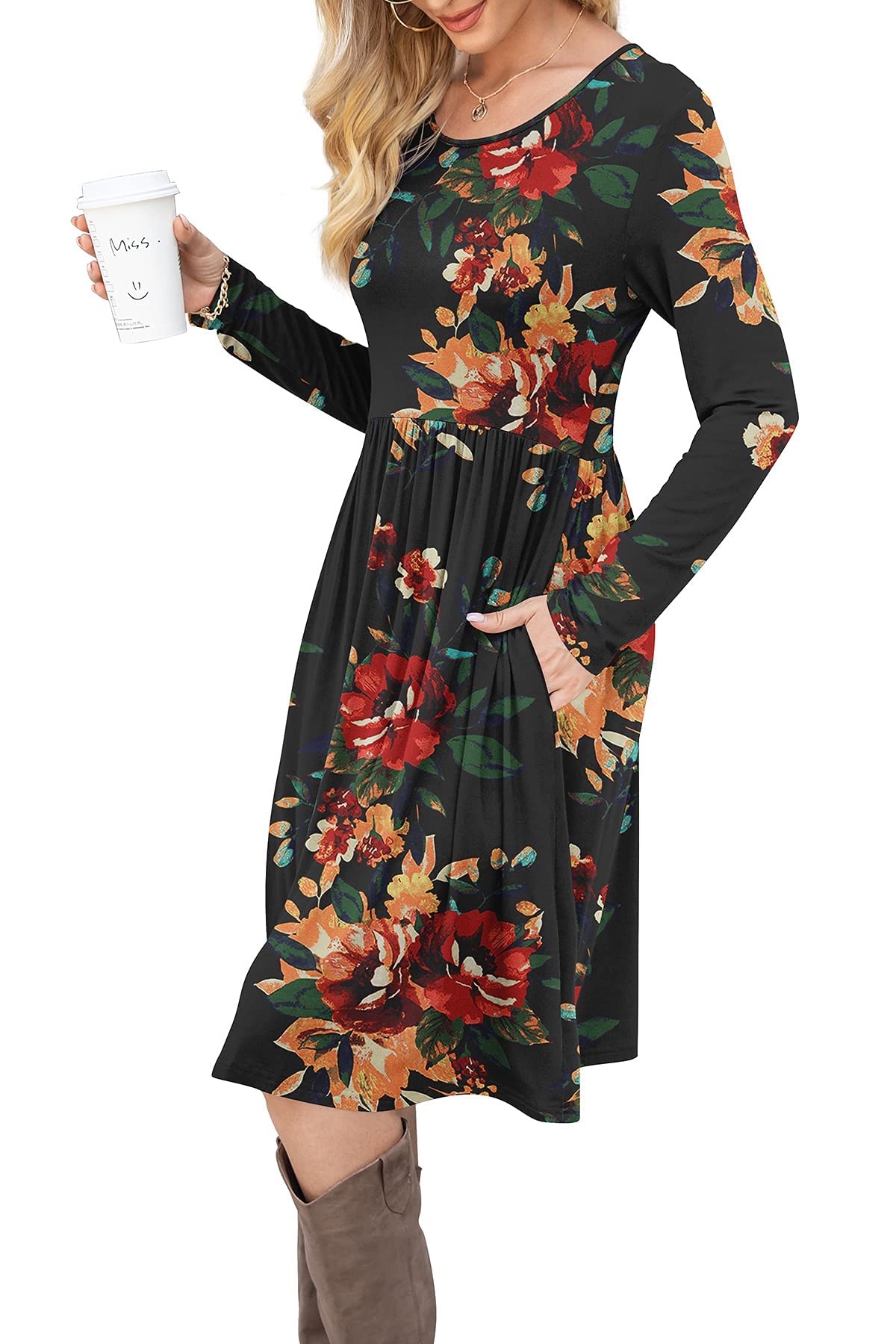 DB MOON Women Casual Long Sleeve Dresses Empire Waist Loose Dress with Pockets (Brown Floral Black, S)