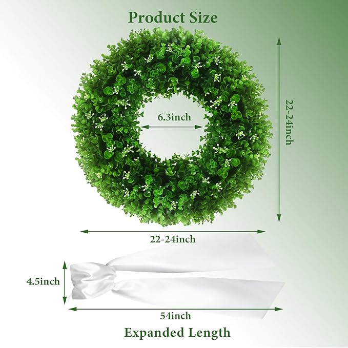 Boxwood Wreaths Front Door 22-24'', Artificial UV Resistant Boxwood Leaves with Flower Core, Greenery Wreath with a Sash for Farmhouse Home Outdoor Indoor Year Round Hanging Decor (Foldable)
