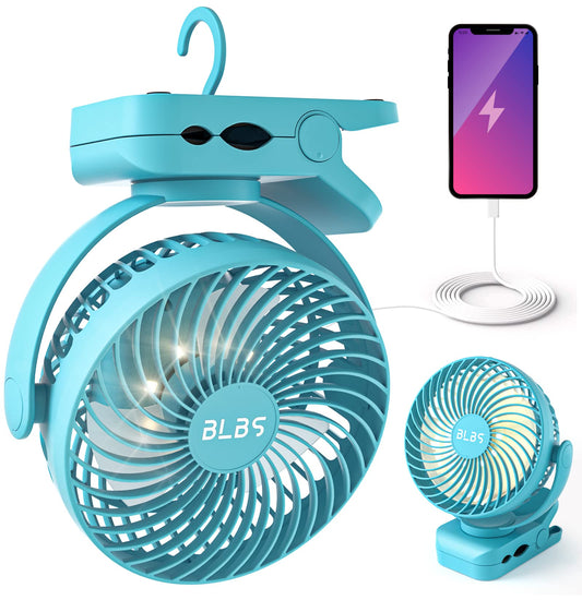 BLBS Clip on Fan 65Hrs Camping Fan with LED Light, 12000mAh Battery Operated Fans & PortableFan Rechargeable, Small Desk Fans USB TravelFan for Tent Camping Golf Stroller, Blue