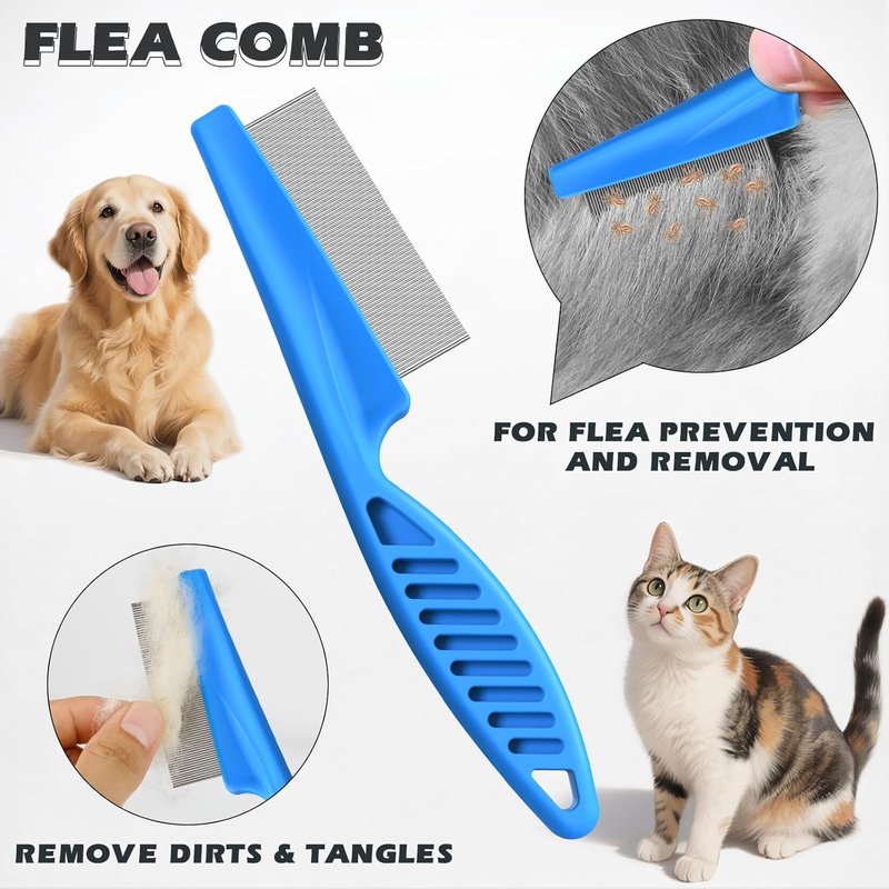 Pet Grooming Rake Set - Double-Sided Dematting Tool & Metal Comb for Cats and Dogs | Extra-Wide Deshedding Brush (Blue)