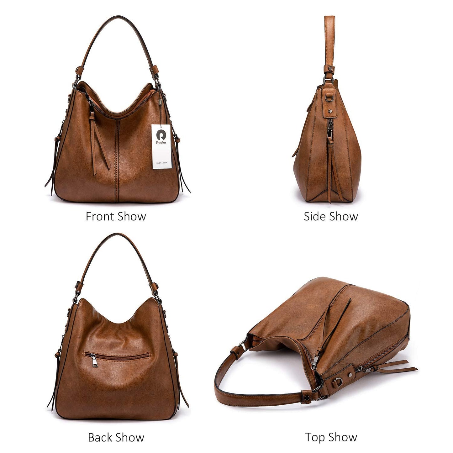 Realer Women Handbags Fashion Hobo Bags Faux Leather Long Strap Shoulder Bag Ladies Large Tote Bag Cross body Bag for Work Business School College Travel Brown