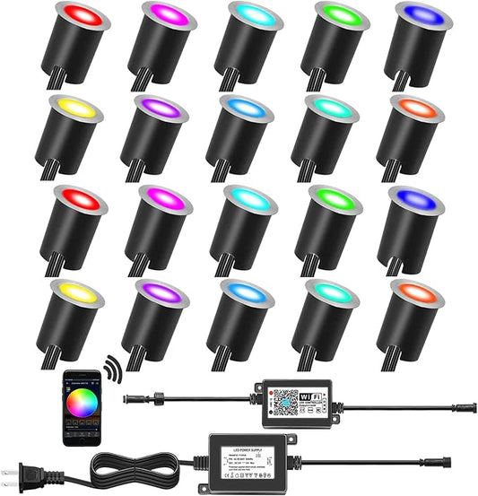 Smart LED Deck Lights Kit WiFi Controlled Color Changeable,Φ1.38“Outdoor IP67 Waterproof Low Voltage Step Lights with Protecting Shell,Works with Samrt Phone,Alexa,Google Home(20pcs,WiFi)