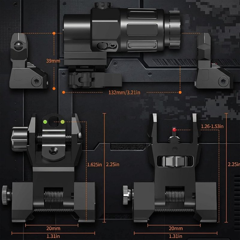 Fiber Optic Flip Up Iron Sight Set for Picatinny Rail - Low Profile Front & Rear Backup Sights with Red/Green Dots