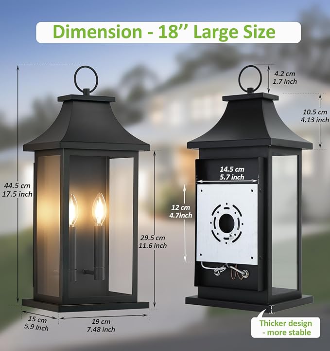 tewei 18'' Large Outdoor Wall Light, Porch Light Outdoor Wall Sconce Lantern, 2-Light Black Exterior Lighting Fixture Wall Mount, Outside Light for House Garage, 2-Pack